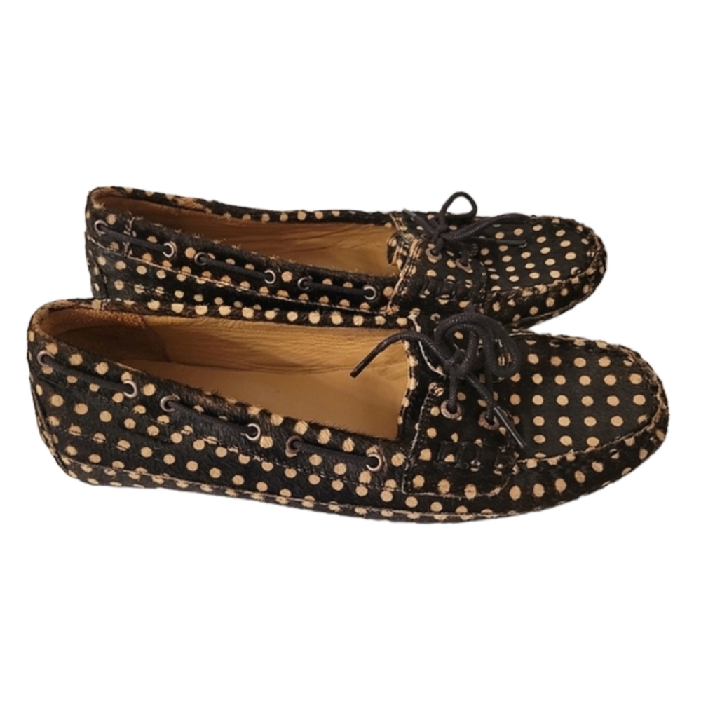Sebago Black Calf Hair Camel Polka Dot Bala Leather Womens Moccasins Size 9.5